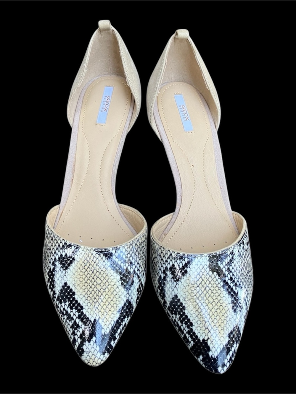 Geox Women's Pointed D'Orsay Flats in Black and Cream Snake Print